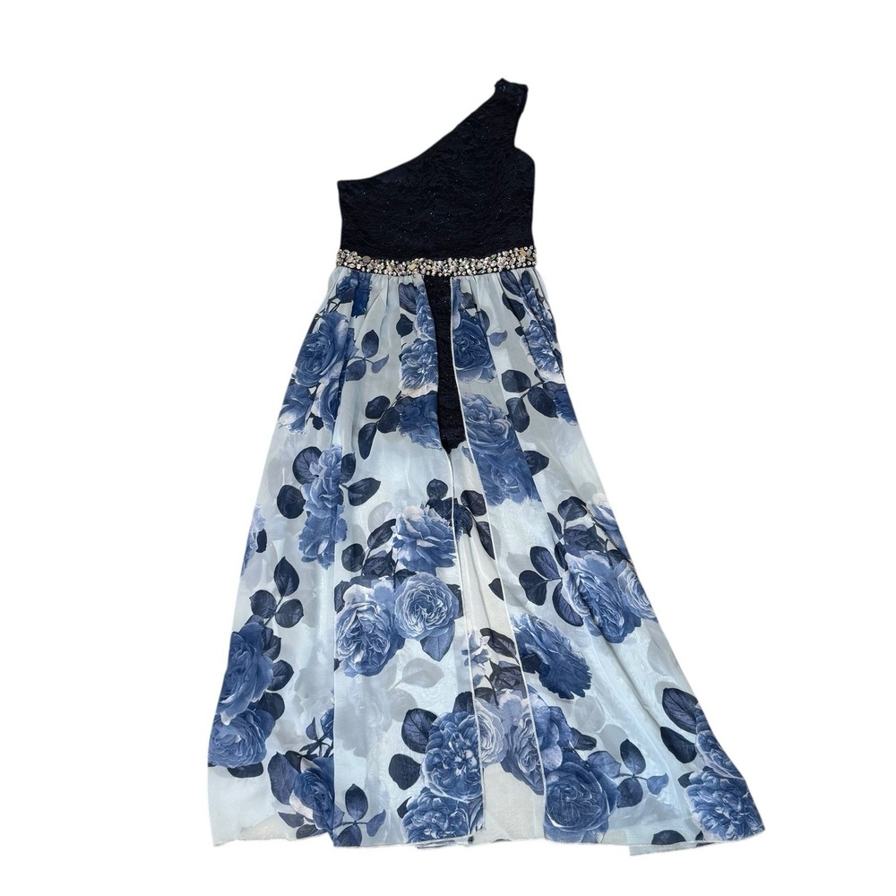 Speechless Girls 10 One Shoulder Lace Shorts Blue Floral Maxi Walk Thru‎ Dress